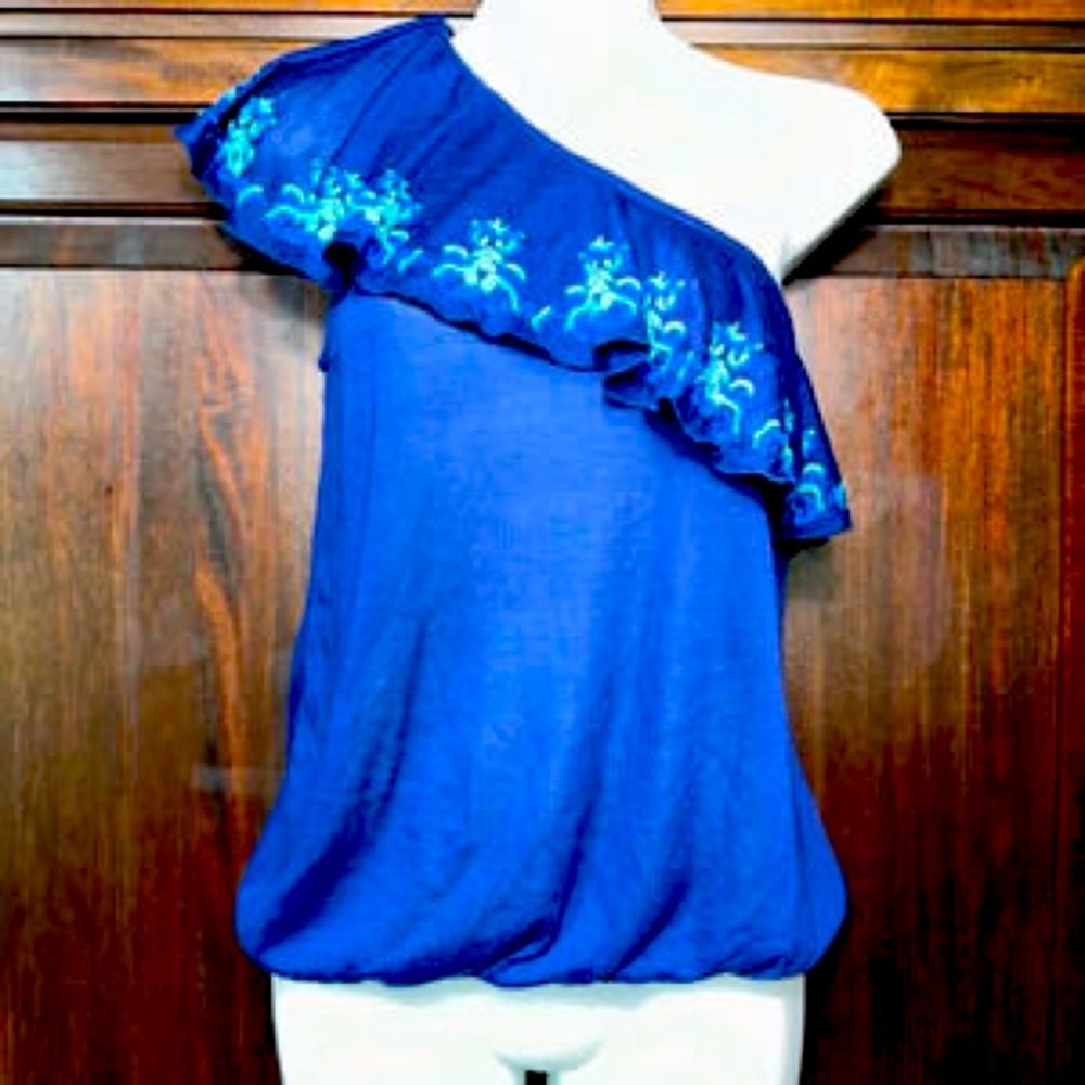 One shoulder blue top